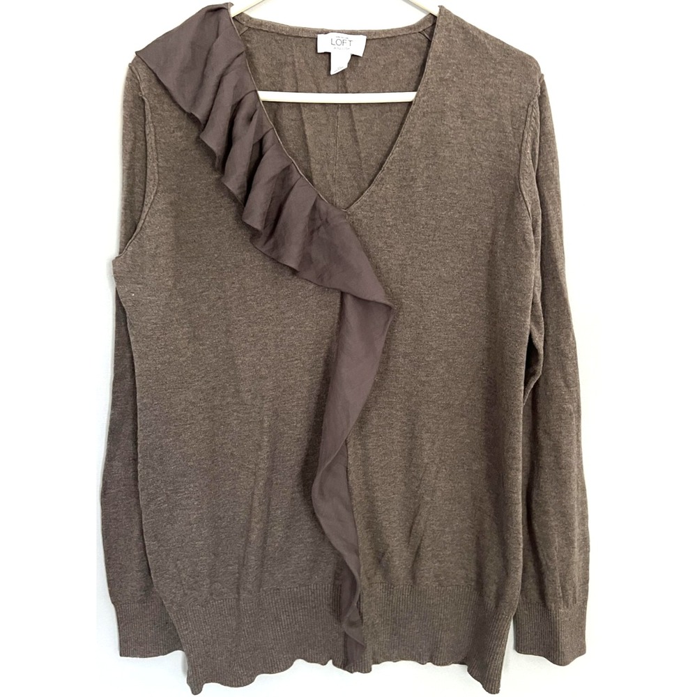 Ann Taylor LOFT Sweater Womens XL Brown Pima Cotton Ruffle V Neck Pullover EUC